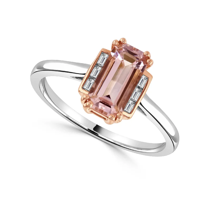 Three - Stone Diamond Rings with Princess - Cut DiamondsPlatinum And 18ct Rose Gold 4.24ct Long Octagon Cut Morganite And 0.27ct Baguette Cut Diamond Ring