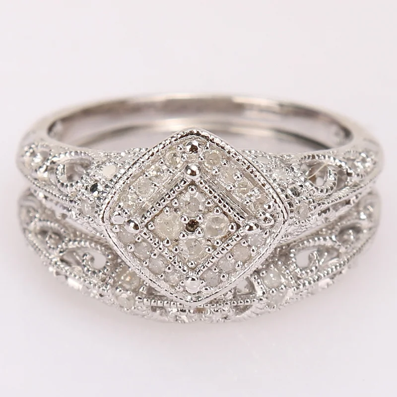 Vintage - Inspired Diamond Rings with Filigree WorkMiadora Sterling Silver 1/5ct TDW Diamond Vintage Bridal Ring Set