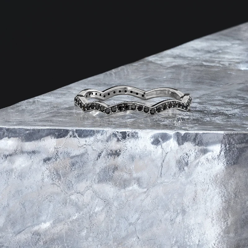 Halo - Style Diamond Rings with Smaller Accent DiamondsEvent Horizon Wavey Natural Black Diamond Ring