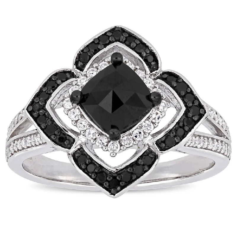 Custom - Designed Diamond Rings to Reflect Your PersonalityMiadora Signature Collection Sterling Silver 1 2/5ct TDW Black and White Diamond Floral Halo Split Shank Ring