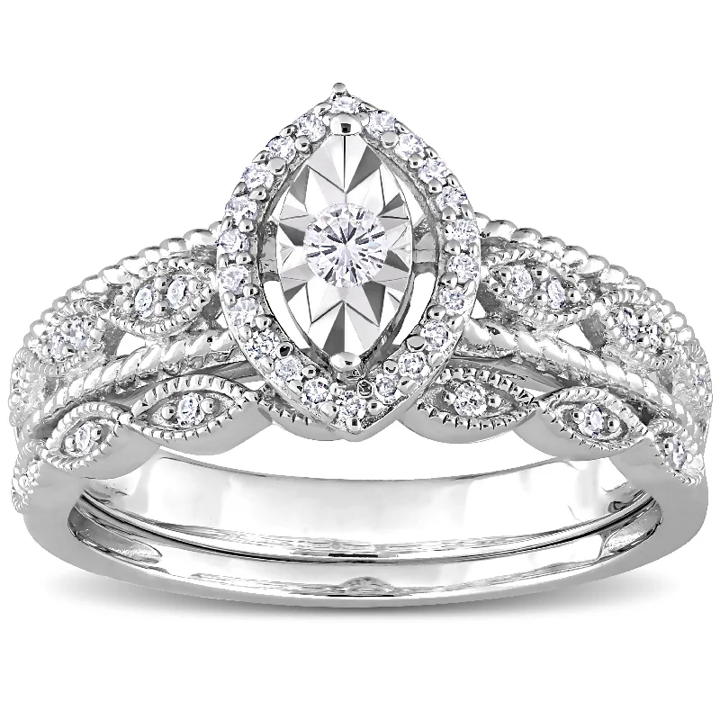 Vintage - Inspired Diamond Rings with Filigree WorkMiadora 1/5ct TDW Diamond Pear Halo Bridal Ring Set in Sterling Silver