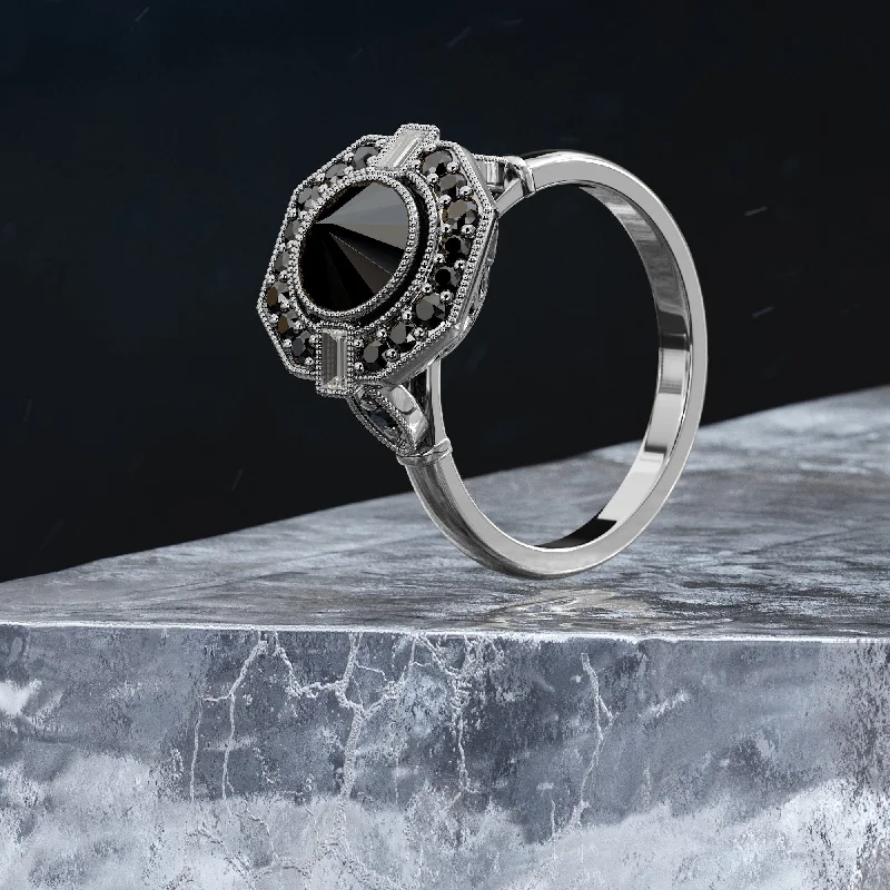 Halo - Style Diamond Rings with Smaller Accent DiamondsCosmic Dust Inverted  Natural Black & White Baguette Diamond Ring
