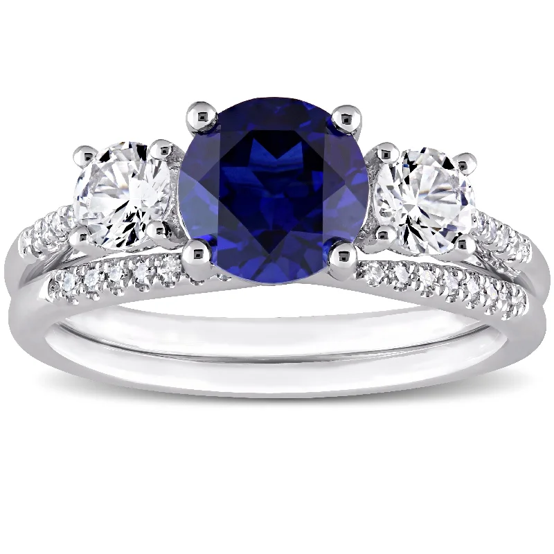 Three - Stone Diamond Rings with Princess - Cut DiamondsMiadora 10k White Gold Created Blue White Sapphire & 1/10ct TDW Diamond 3-Stone Bridal Ring Set
