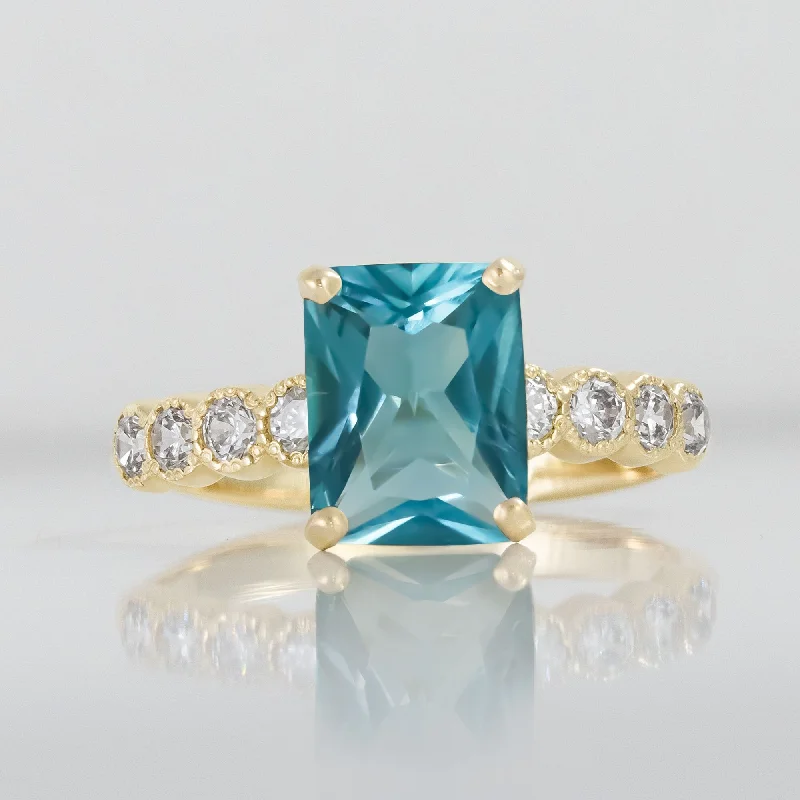 Ruby Gemstone Rings with Diamond AccentsBlue Topaz Ring - December Birthstone - Octagon Blue Topaz Statement Engagement Ring with Clear Quartz Accents