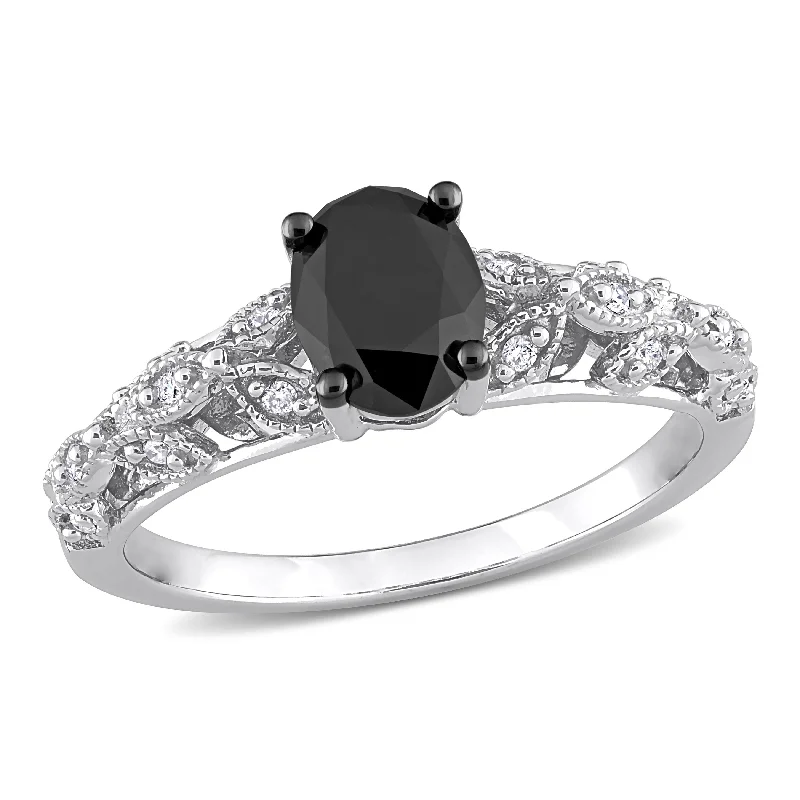 Halo - Style Diamond Rings with Smaller Accent DiamondsMiadora 1ct TDW Oval-cut Black and White Diamond Vintage Leaf Engagement Ring in 14k White Gold