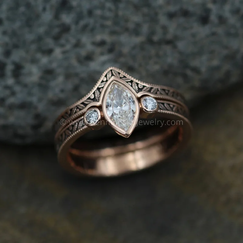 Three - Stone Diamond Rings with Princess - Cut DiamondsDiamond Rose Gold Hand Made Vintage Engagement Ring Set - Marquise Ring - Leaf