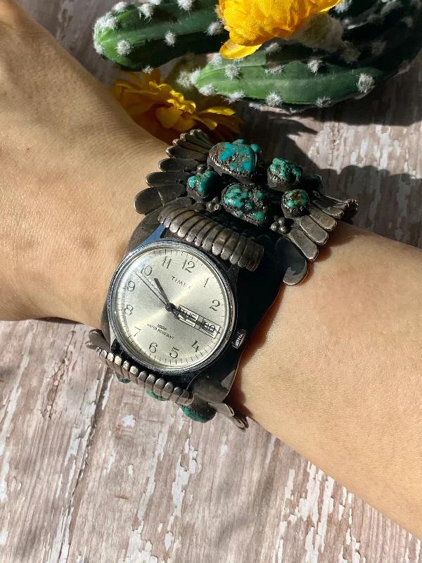 Bohemian - Style Cuff Bracelets with BeadworkVintage Arthur J Williams Turquoise & Sterling Silver Watch Cuff Bracelet