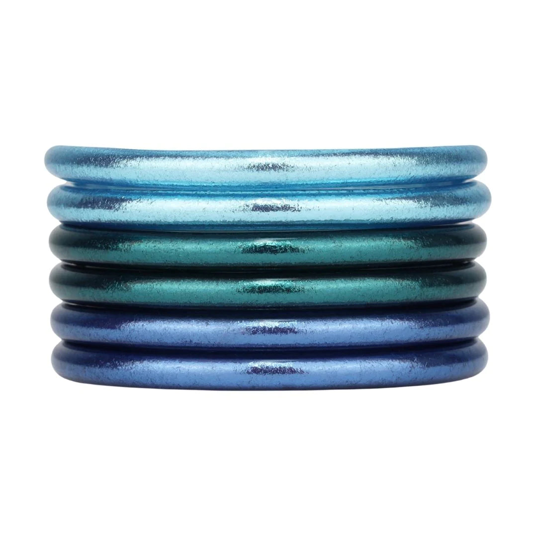 Solid Gold Bangles with Intricate EngravingsBuDhaGirl | Set of Six | All the Oceans All Weather Bangles