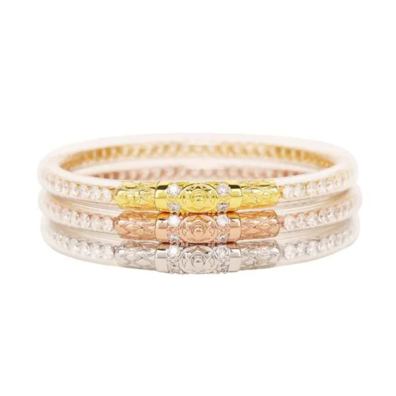 Bangle Bracelets with Birthstone AccentsBuDhaGirl | Set of Three | Three Queens All Weather Bangles in Clear Crystal