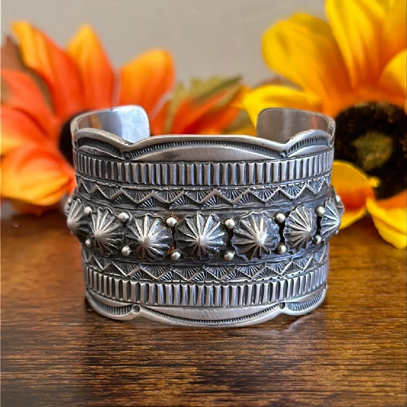 Vintage - Inspired Cuff Bracelets with Floral MotifsNavajo Made Sterling Silver Cuff Bracelet