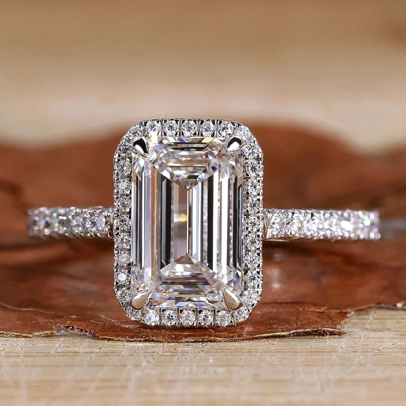 IGI Certified 2.18 CT E/VS1 Emerald Cut Lab Grown Diamond Halo Engagement Ring