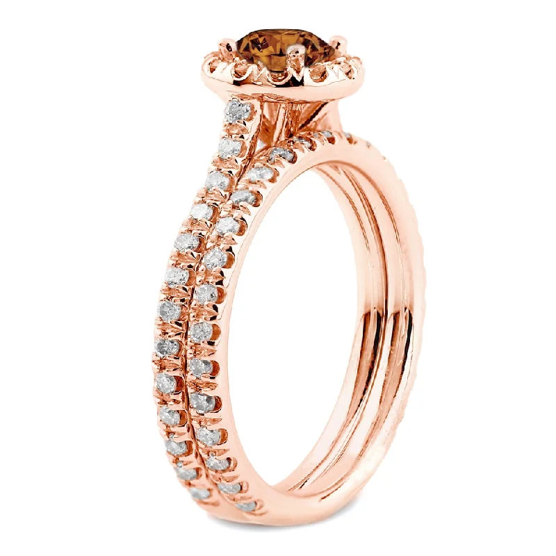 Auirya 1ct TDW Round Split Shank Brown Diamond Halo Engagement Ring Set 14k Rose Gold