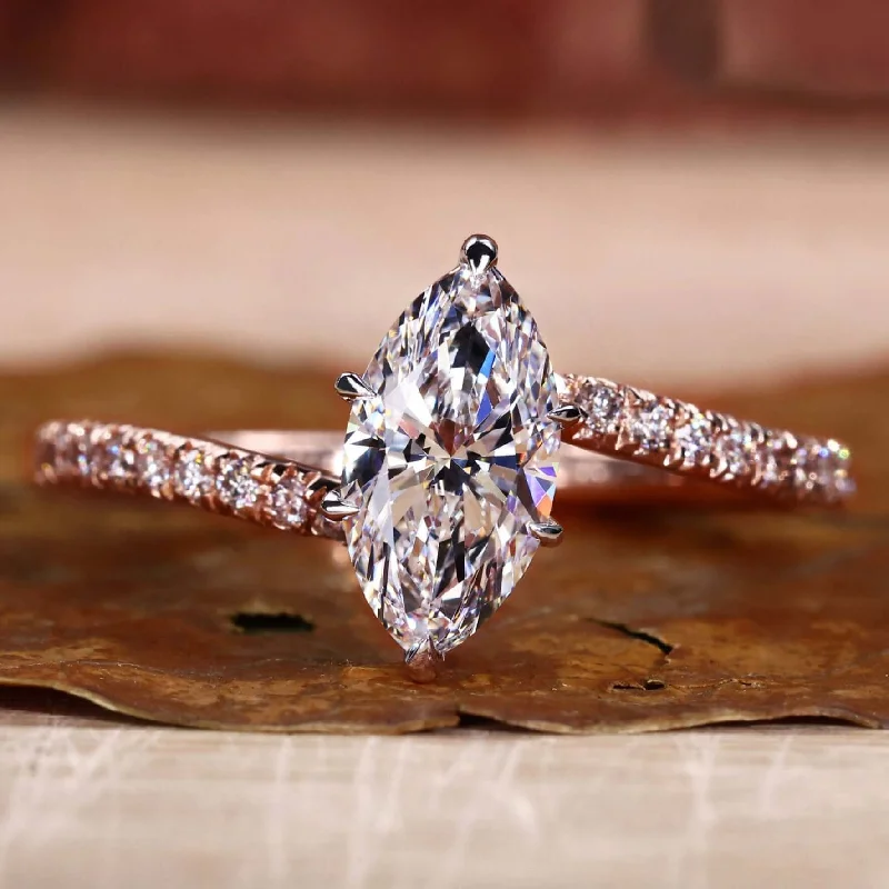Marquise Cut Lab Grown Diamond Unique Pave Engagement Ring