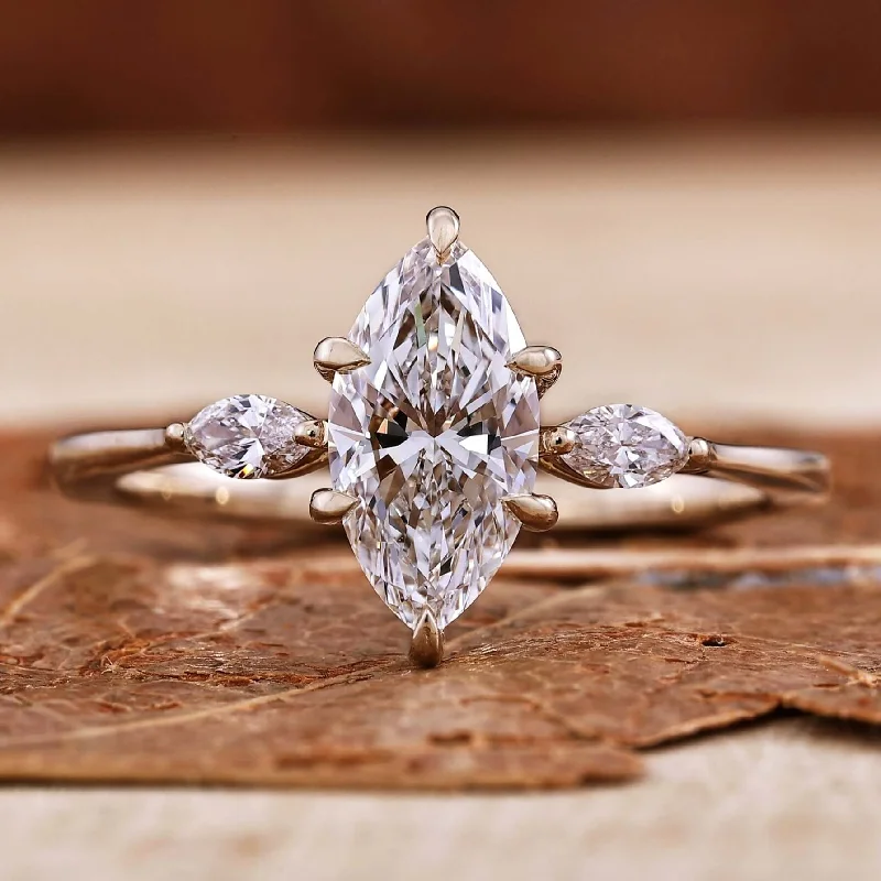 Three Stone Engagement Ring, 1 CT Marquise Cut Lab Grown Diamond Ring