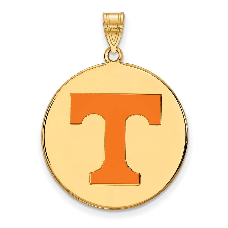 Pendant with a magnetic closure for easy attachment and removal 14k Gold Plated Silver U. of Tennessee XL Enamel 'T' Disc Pendant Pendant with a magnetic closure for easy attachment and removal 14k Gold Plated Silver U. of Tennessee XL Enamel 'T' Disc Pendant