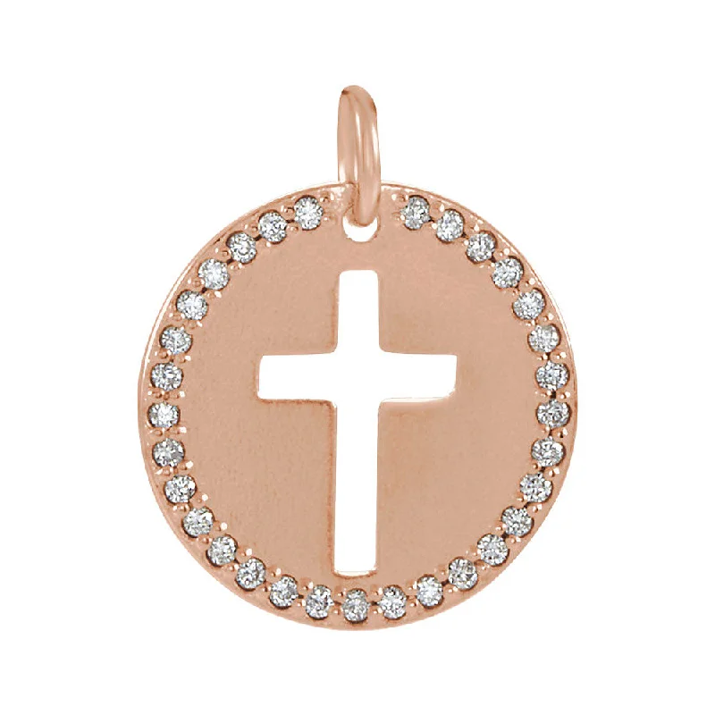 Religious Pendants with Cross or Star of David Designs14k Rose Gold and 0.08 Ctw Diamond Disc Cross Charm or Pendant, 12mm