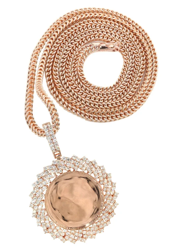 Religious Pendants with Cross or Star of David Designs14K Rose Gold Diamond Round Picture Pendant Necklace | 3.85 Carats | Appx. 13 Grams Religious Pendants with Cross or Star of David Designs14K Rose Gold Diamond Round Picture Pendant Necklace | 3.85 Carats | Appx. 13 Grams
