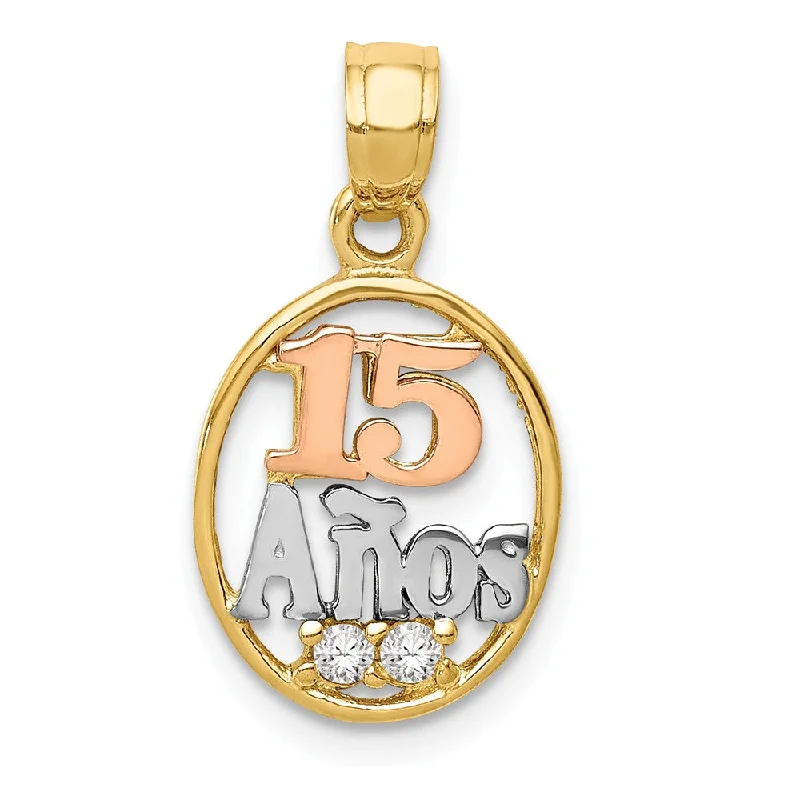 Gemstone - Encrusted Pendants with a Sparkling Centerpiece14k Two Tone Gold, White Rhodium & CZ Number 15 Anos Pendant, 11mm Gemstone - Encrusted Pendants with a Sparkling Centerpiece14k Two Tone Gold, White Rhodium & CZ Number 15 Anos Pendant, 11mm