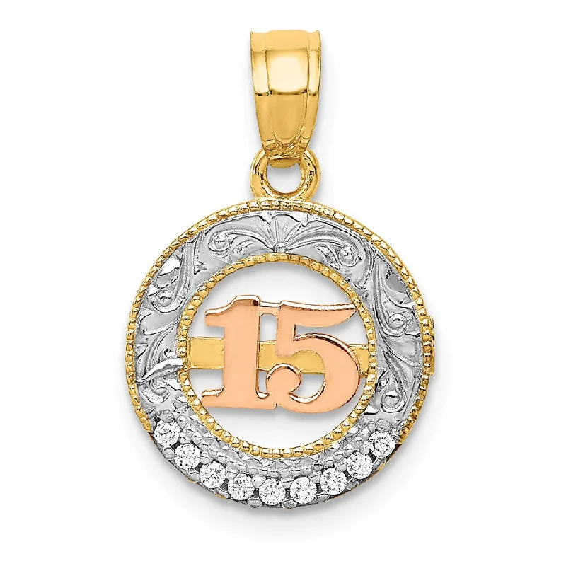 Gemstone - Encrusted Pendants with a Sparkling Centerpiece14k Two Tone Gold, White Rhodium & CZ Number 15 Circle Pendant, 12mm Gemstone - Encrusted Pendants with a Sparkling Centerpiece14k Two Tone Gold, White Rhodium & CZ Number 15 Circle Pendant, 12mm