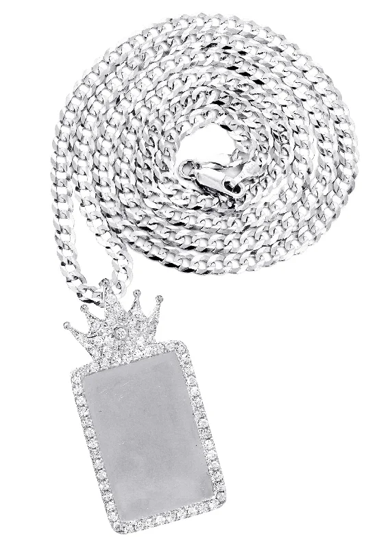 Charm Pendants with Multiple Small Decorative Elements14K White Gold Diamond Crown Dog Tag Picture Pendant Necklace | 1.4 Carats | Appx. 17.2 Grams