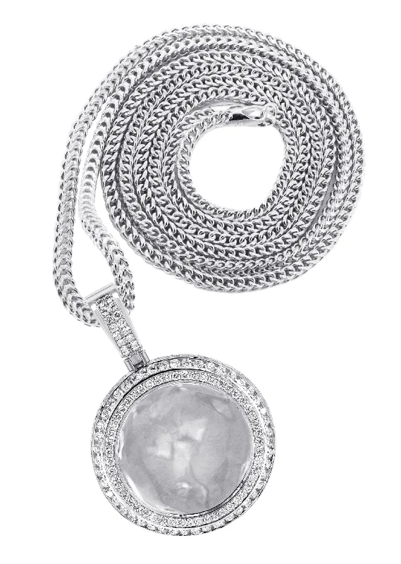 Gemstone - Encrusted Pendants with a Sparkling Centerpiece14K White Gold Diamond Round Picture Pendant Necklace | 4.25 Carats | Appx. 21 Grams Gemstone - Encrusted Pendants with a Sparkling Centerpiece14K White Gold Diamond Round Picture Pendant Necklace | 4.25 Carats | Appx. 21 Grams