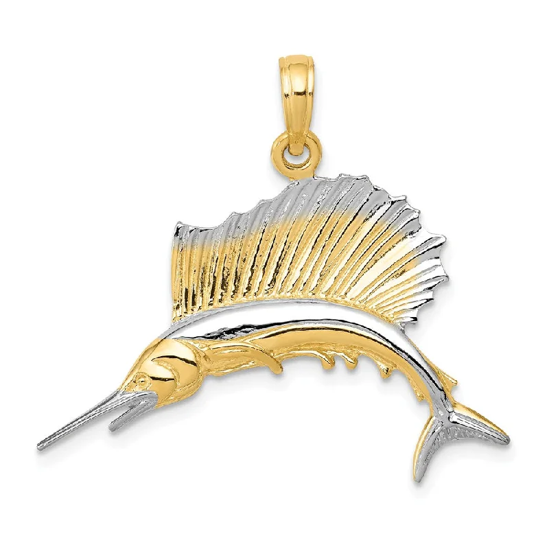 Pendant with a fringe for added texture and movement 14k Yellow Gold and White Rhodium Two Tone Polished Sailfish Pendant Pendant with a fringe for added texture and movement 14k Yellow Gold and White Rhodium Two Tone Polished Sailfish Pendant