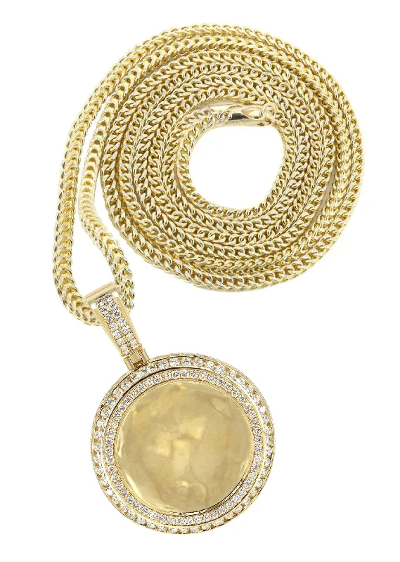 Initial Letter Pendants for a Personalized Touch14K Yellow Gold Diamond Round Picture Pendant Necklace | 4.25 Carats | Appx. 21 Grams Initial Letter Pendants for a Personalized Touch14K Yellow Gold Diamond Round Picture Pendant Necklace | 4.25 Carats | Appx. 21 Grams