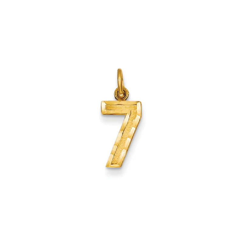 Pendant with a fringe for added texture and movement 14k Yellow Gold, Varsity Collection, Small D/C Pendant Number 7 Pendant with a fringe for added texture and movement 14k Yellow Gold, Varsity Collection, Small D/C Pendant Number 7