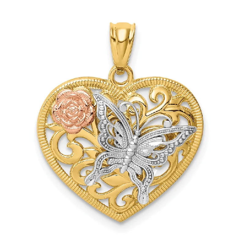 Charm Pendants with Multiple Small Decorative Elements14k Yellow & Rose Gold with White Rhodium 19mm Heart Butterfly Pendant Charm Pendants with Multiple Small Decorative Elements14k Yellow & Rose Gold with White Rhodium 19mm Heart Butterfly Pendant