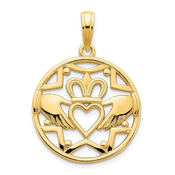 Religious Pendants with Cross or Star of David DesignsOutlined Claddagh Round Pendant (14K) Religious Pendants with Cross or Star of David DesignsOutlined Claddagh Round Pendant (14K)