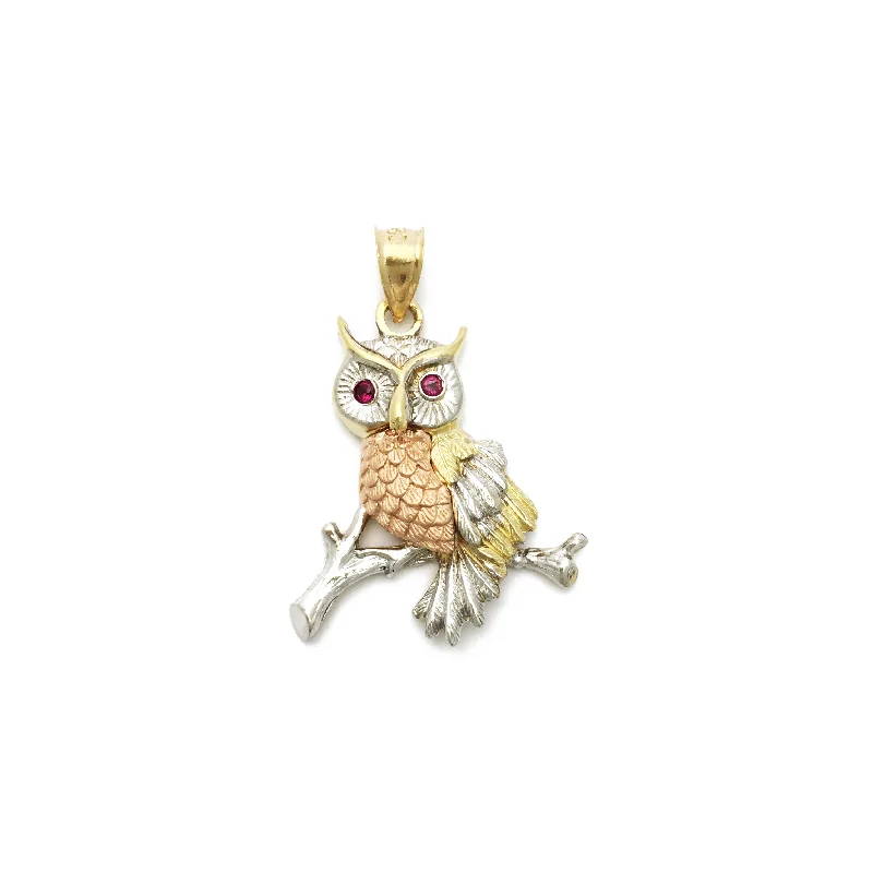 Pendant with a fringe for added texture and movement Perched Owl CZ Tri-Color Pendant (14K) Pendant with a fringe for added texture and movement Perched Owl CZ Tri-Color Pendant (14K)
