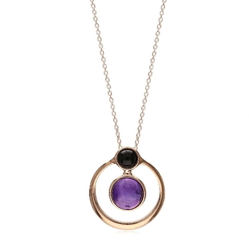 Heart - Shaped Pendant Necklaces with Birthstone InlaysRose Gold Vermeil Whitby Jet & Amethyst Double Round Pendant