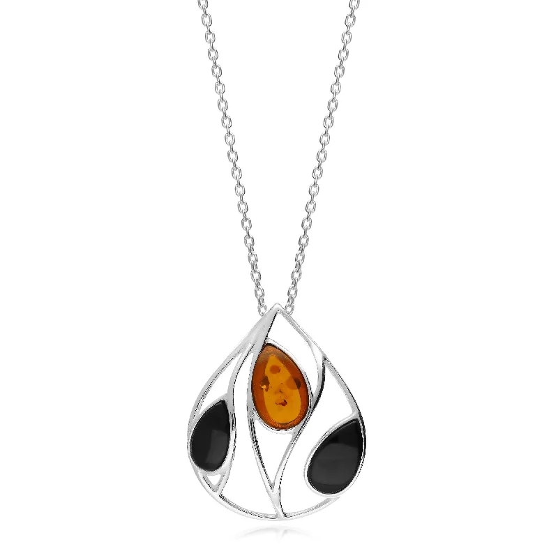 Crystal - Embellished Pendant Necklaces for a Glamorous LookSterling Silver Amber & Whitby Jet Mixed Leaf 3 Stone Pendant