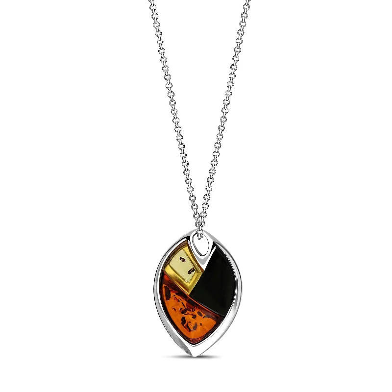 Heart - Shaped Pendant Necklaces with Birthstone InlaysSterling Silver Whitby Jet & Mixed Amber Segment Leaf Necklace
