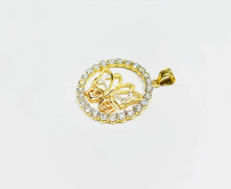 Heart - locket pendants with space to hold photos​ Tri-color Round butterfly CZ Pendant (14K)