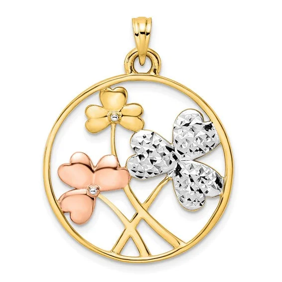 Religious Pendants with Cross or Star of David DesignsTricolor Round Outlined Frame Clovers Pendant (14K) Religious Pendants with Cross or Star of David DesignsTricolor Round Outlined Frame Clovers Pendant (14K)