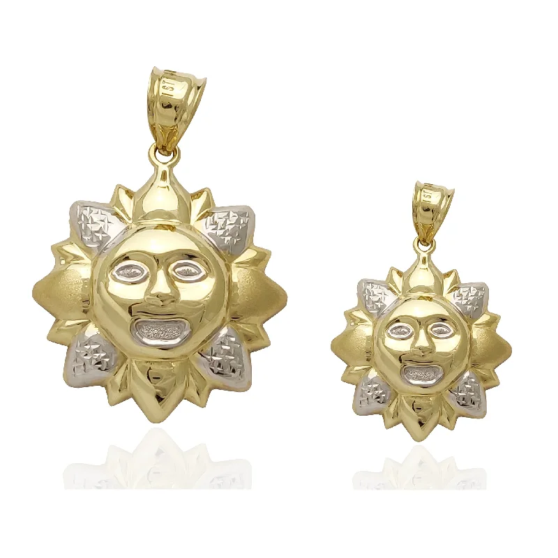 Pendant with an adjustable chain length for versatility​ Two-Tone Hollow/Closed-Back Heraldic Sun Pendant (14K)